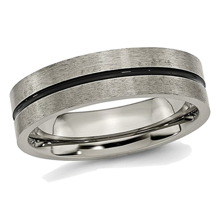 Mens Titanium 6mm Satin Black Enamel Brushed Wedding Band Ring Image 1