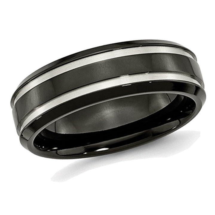 Mens Chisel 7mm Comfort Fit Black Titanium Wedding Band Ring with Groove Image 1