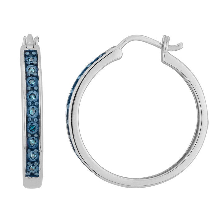 1/12 Carat (ctw) Enhanced Blue Diamond Hoop Earrings in Sterling Silver (1 Inch) Image 1