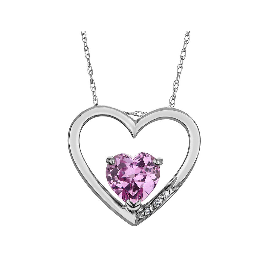 Created Pink Sapphire Heart Pendant Necklace With Diamonds 2/5 Carat (ctw) in Sterling Silver with Chain Image 1