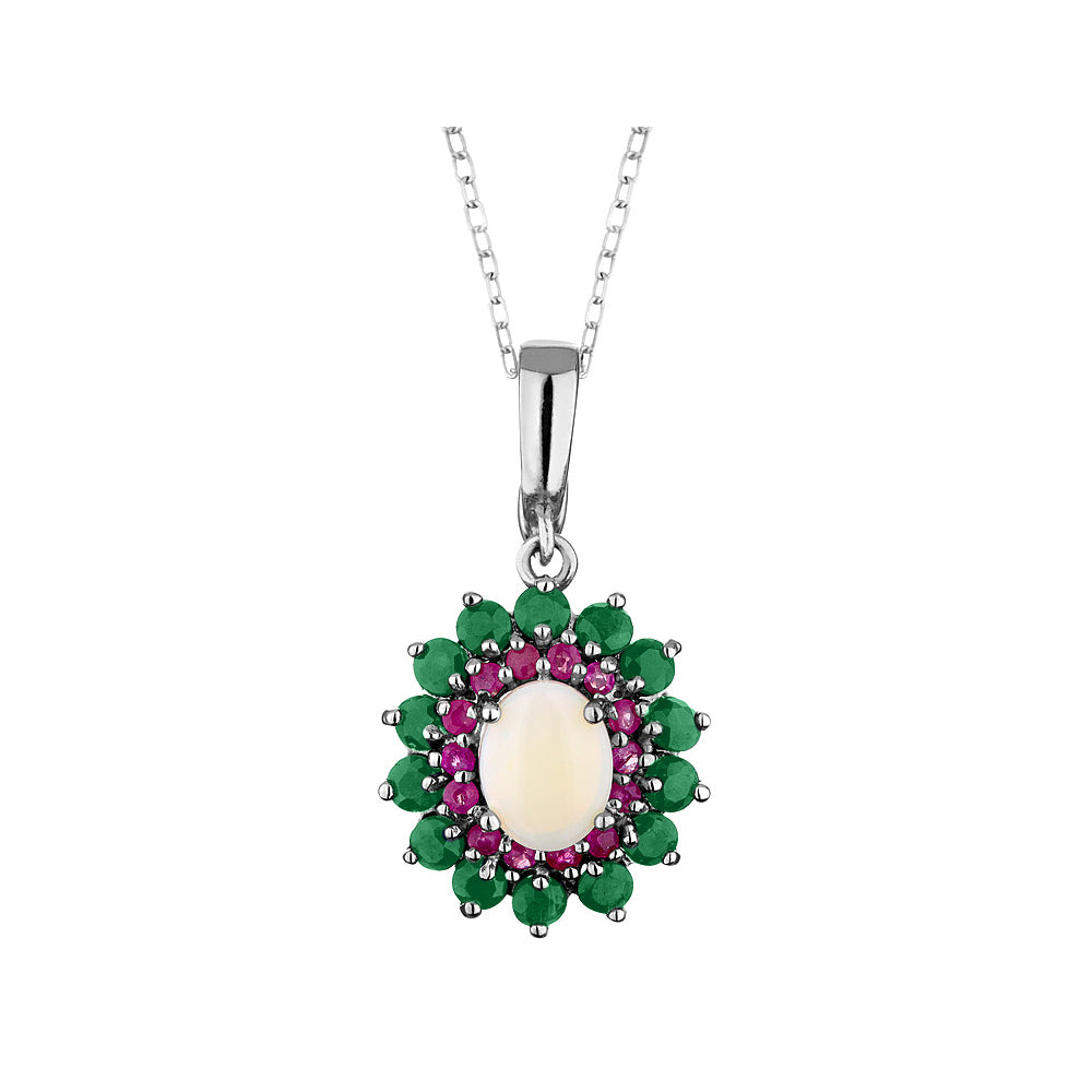 Emerald Created Ruby and Created Opal Pendant Necklace 3.45 Carats (ctw) in Sterling Silver with Chain Image 1