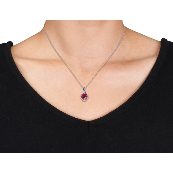 2.80 Carat (ctw) Lab-Created Ruby Heart Pendant Necklace with Diamonds in Sterling Silver with chain Image 2