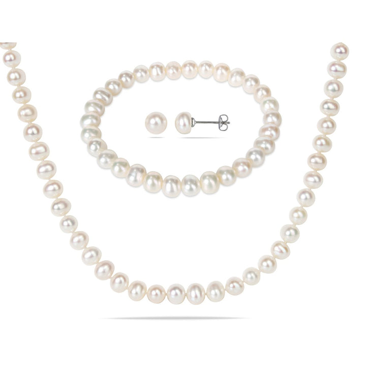 Freshwater Cultured Potato Pearl 6-7mm Necklace Stretch Bracelet and Earring Set in Silver Plating Image 1