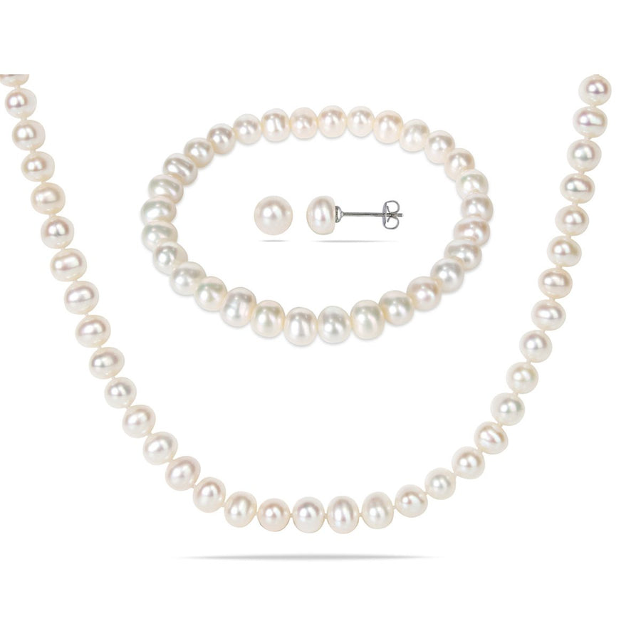 Freshwater Cultured Potato Pearl 6-7mm Necklace Stretch Bracelet and Earring Set in Silver Plating Image 1