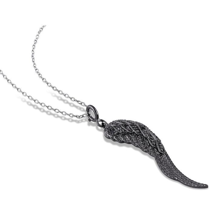 Black Diamond Wing Pendant Necklace in Sterling Silver with Chain Image 2