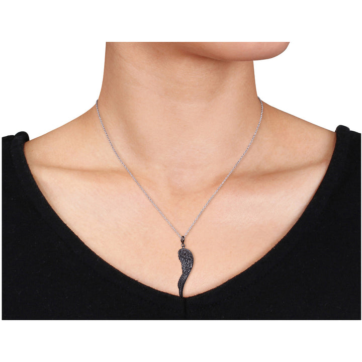 Black Diamond Wing Pendant Necklace in Sterling Silver with Chain Image 4