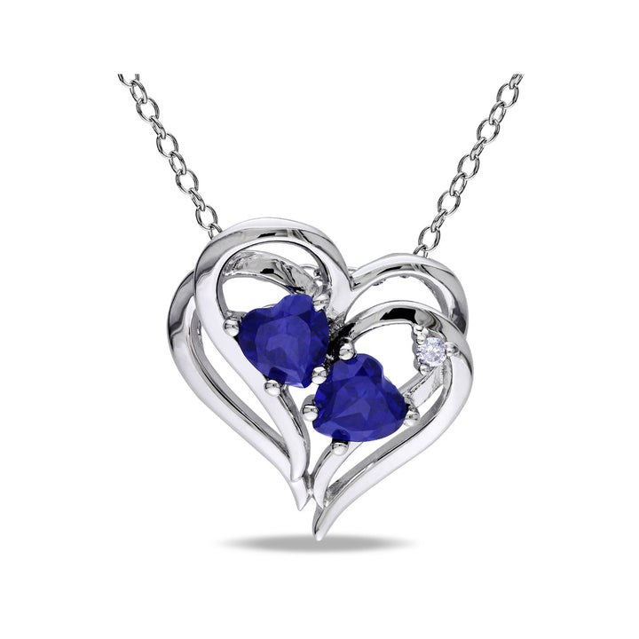 1.10 Carat (ctw) Lab-Created Blue Sapphire and Diamond Heart Pendant Necklace in Sterling Silver with chain Image 1
