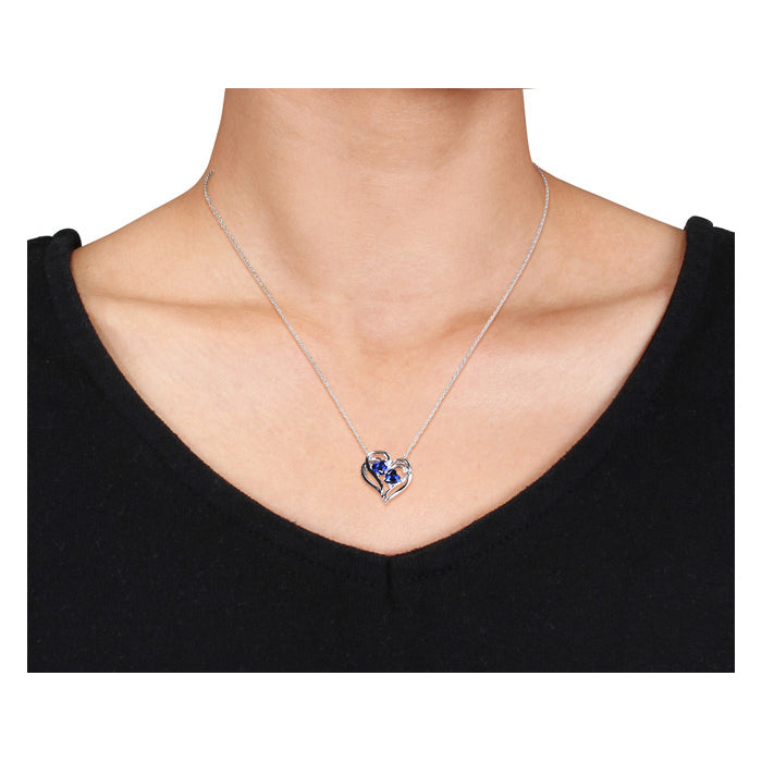 1.10 Carat (ctw) Lab-Created Blue Sapphire and Diamond Heart Pendant Necklace in Sterling Silver with chain Image 2