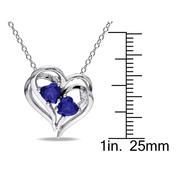 1.10 Carat (ctw) Lab-Created Blue Sapphire and Diamond Heart Pendant Necklace in Sterling Silver with chain Image 3