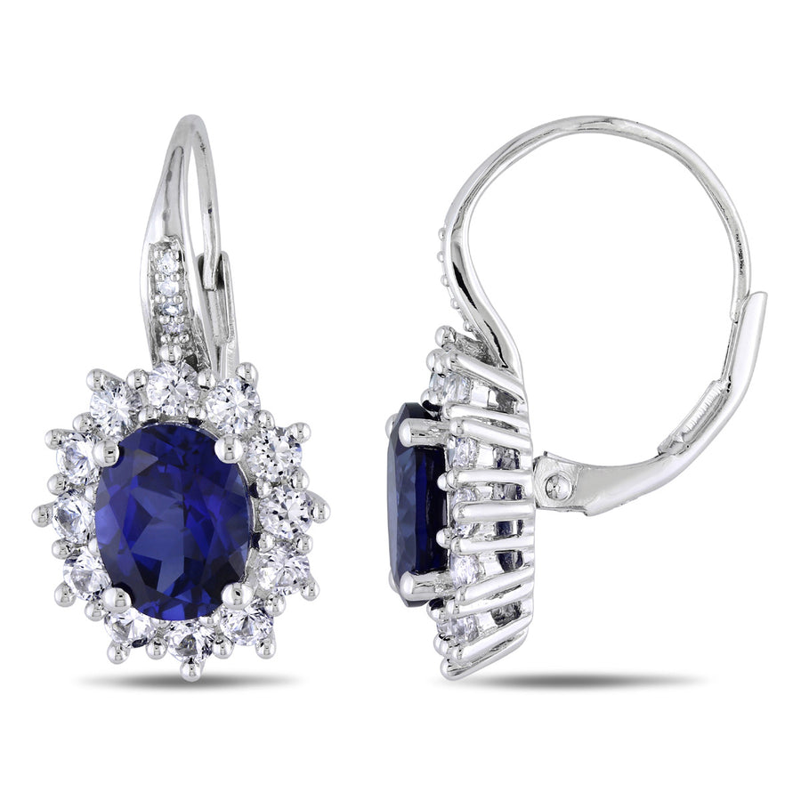 Created Blue Sapphire and Created White Sapphire Earrings 8.00 Carat (ctw) with Diamonds in Sterling Silver Image 1
