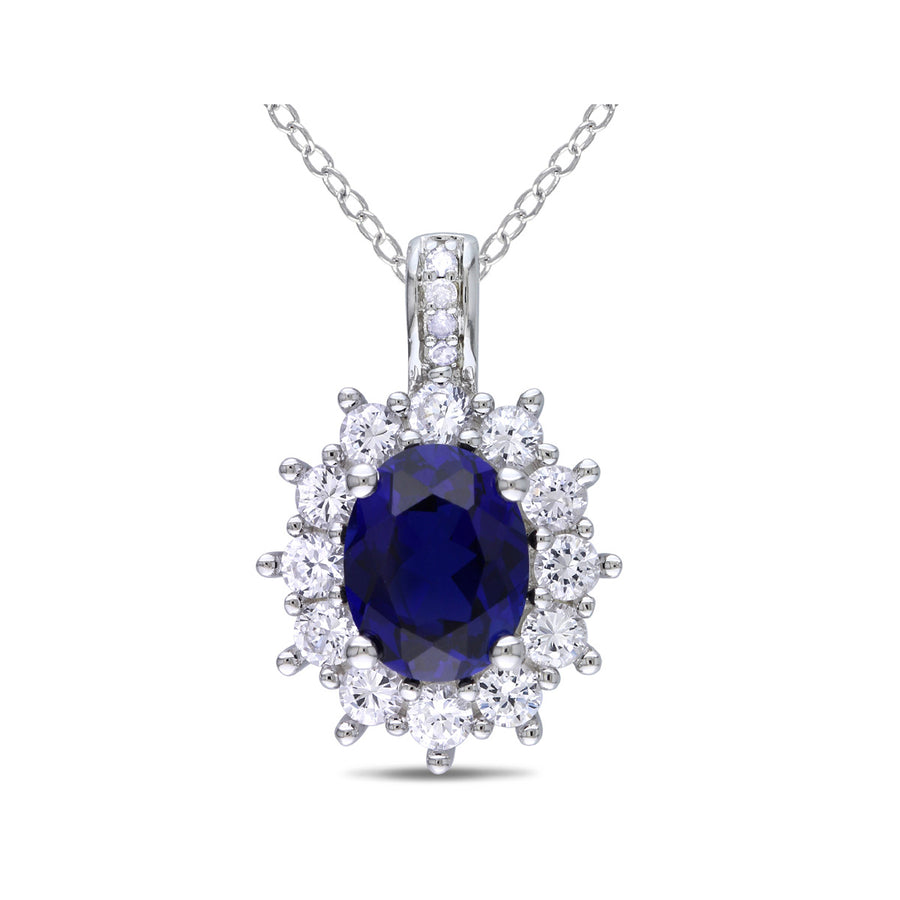 Lab-Created Blue and White Sapphire Pendant Necklace with Accent Diamonds 4.0 Carat (ctw) in Sterling Silver Image 1