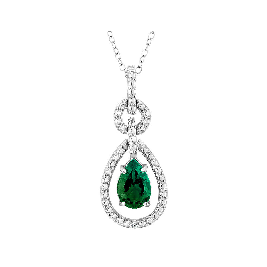 Created Emerald Pendant Necklace with Diamond Accent in Sterling Silver with Chain Image 1