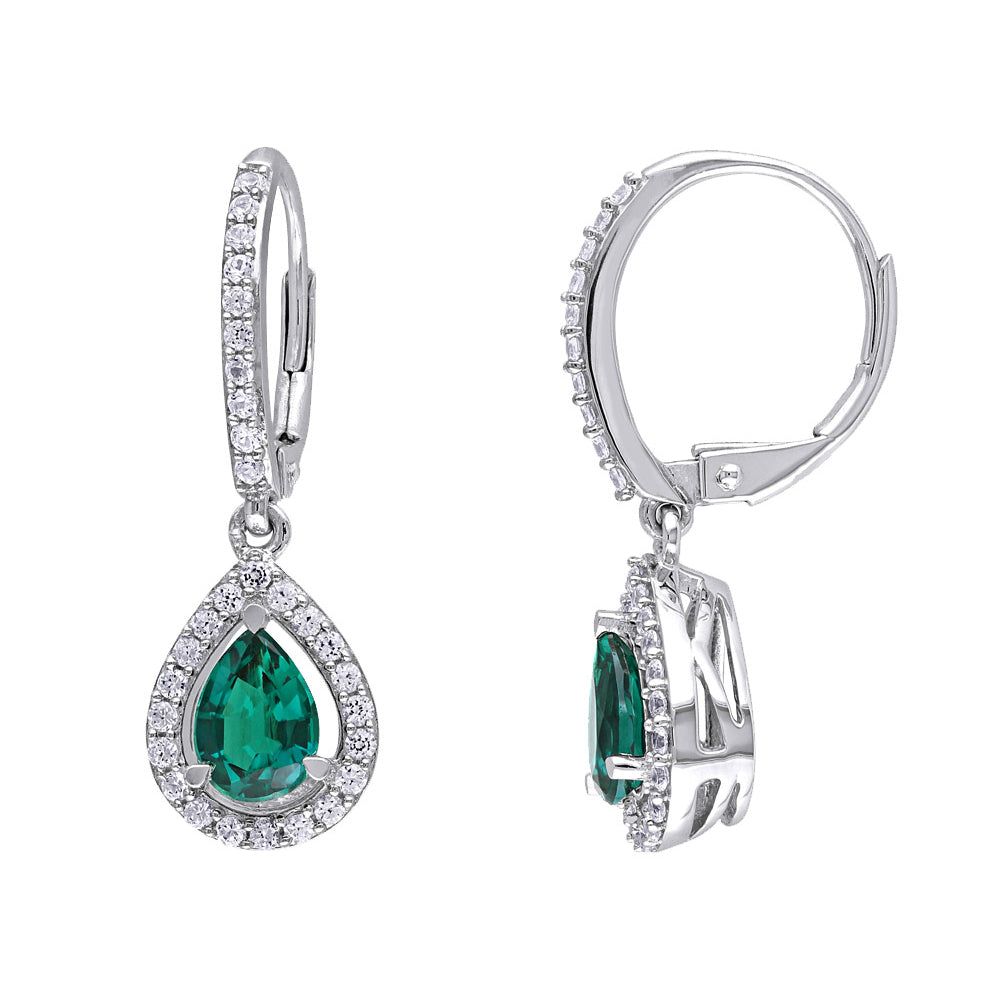 2.0 Carat (ctw) Lab-Created Emerald Drop Earrings in Sterling Silver with and Created White Sapphire Image 1