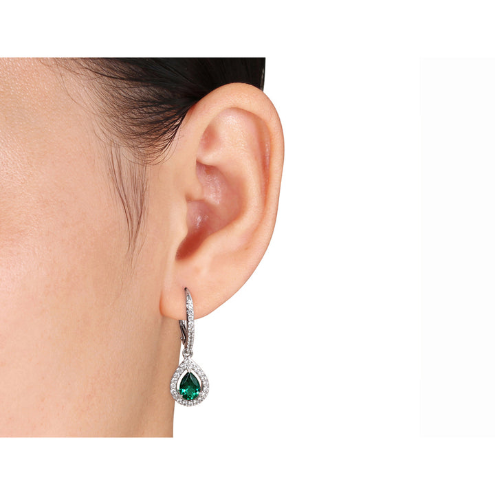 2.0 Carat (ctw) Lab-Created Emerald Drop Earrings in Sterling Silver with and Created White Sapphire Image 2