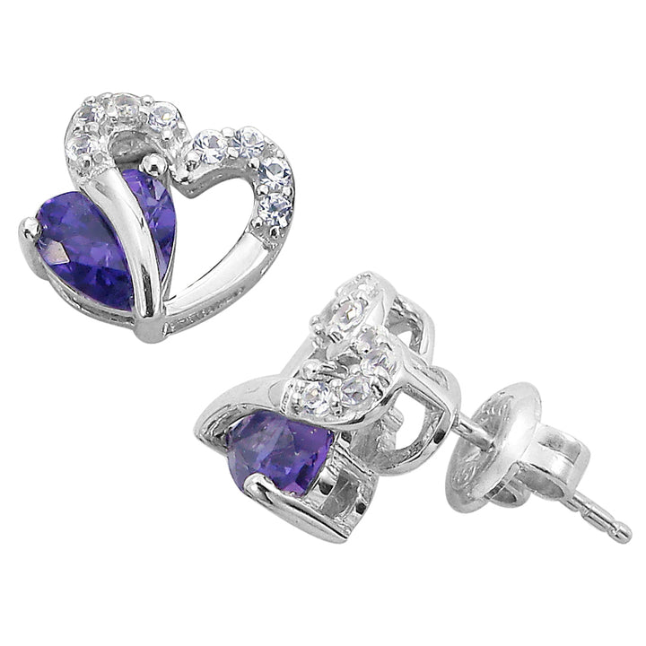 Sterling Silver Amethyst and Created White Sapphire Two Hearts Earrings Image 1