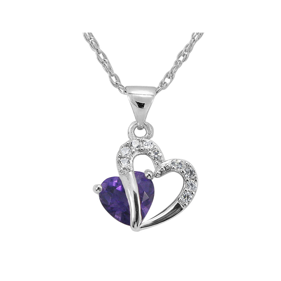 Amethyst and Created White Sapphire Two Hearts Pendant in Sterling Silver with Chain Image 1