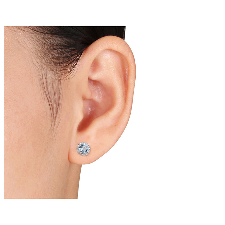 4/5 Carat (ctw) Aquamarine Halo Earrings with Diamonds in Sterling Silver Image 2