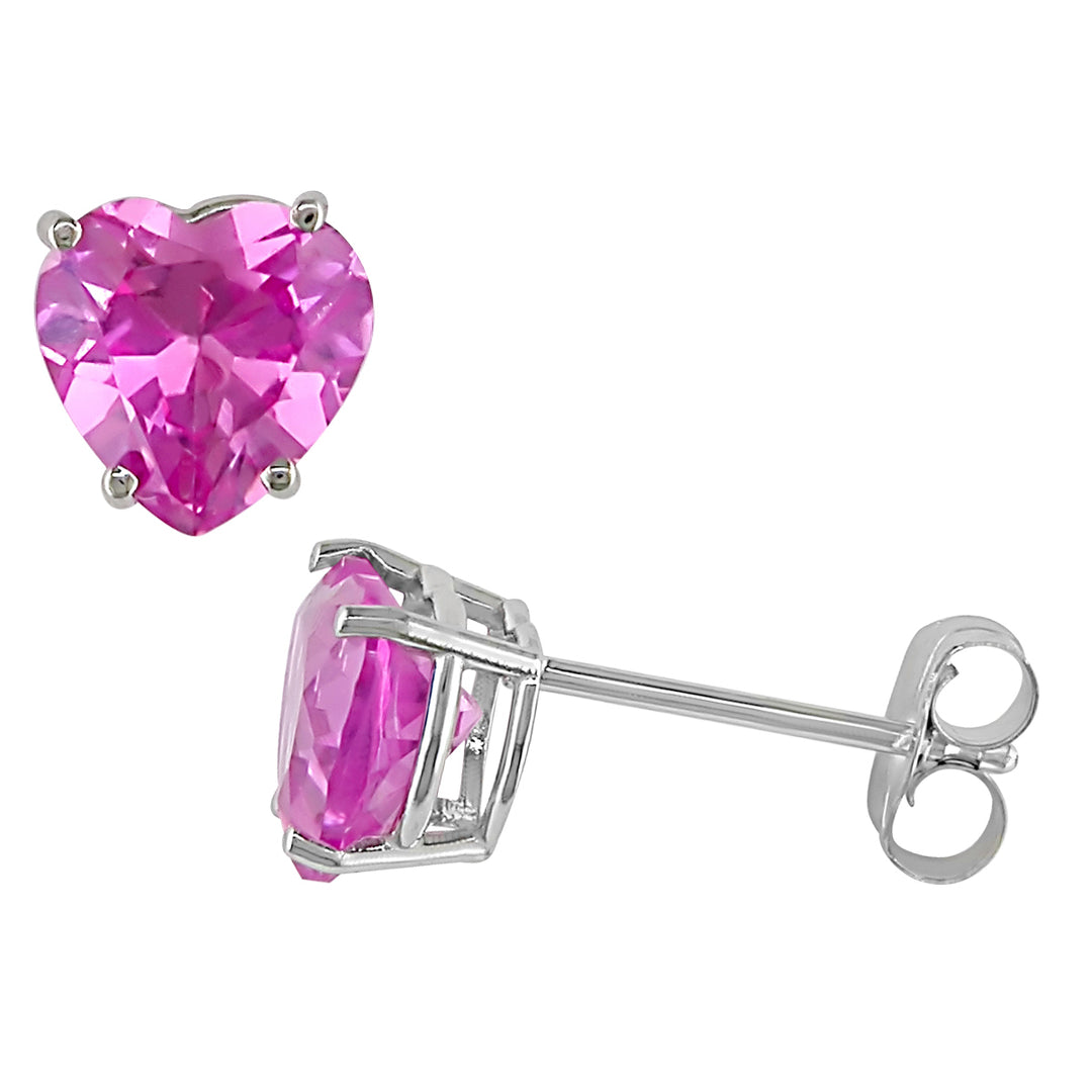 2.00 Carat (ctw) Lab-Created Pink Sapphire Solitaire Heart Earrings in 10K White Gold Image 1