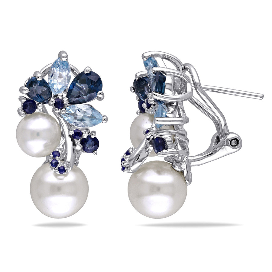 3.0 Carat (ctw) Freshwater Cultured PearlBlue Topaz and Sapphire Cluster Earrings Sterling Silver Image 1