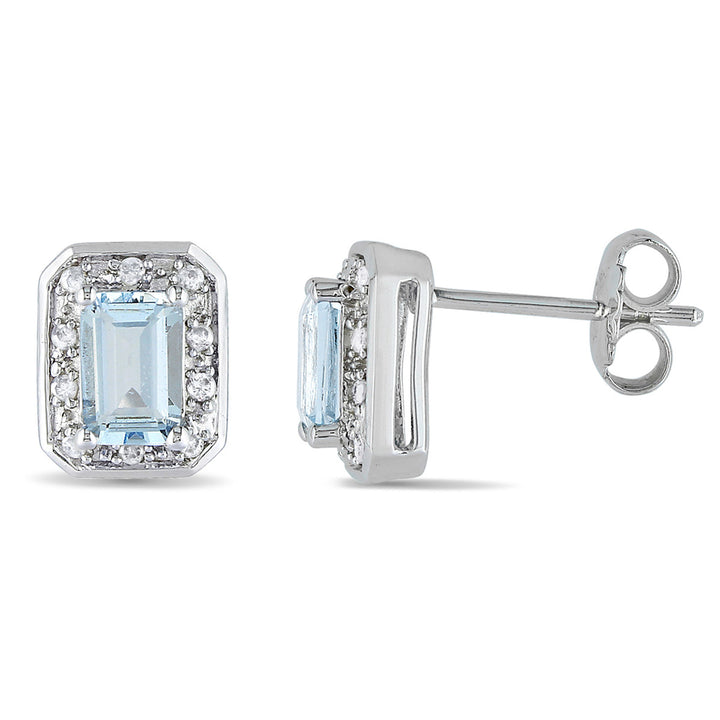 1.10 Carat (ctw) Emerald-Cut Aquamarine Stud Earrings with Diamonds in Sterling Silver Image 1
