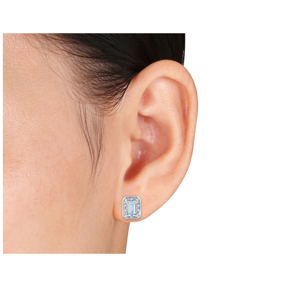 1.10 Carat (ctw) Emerald-Cut Aquamarine Stud Earrings with Diamonds in Sterling Silver Image 2