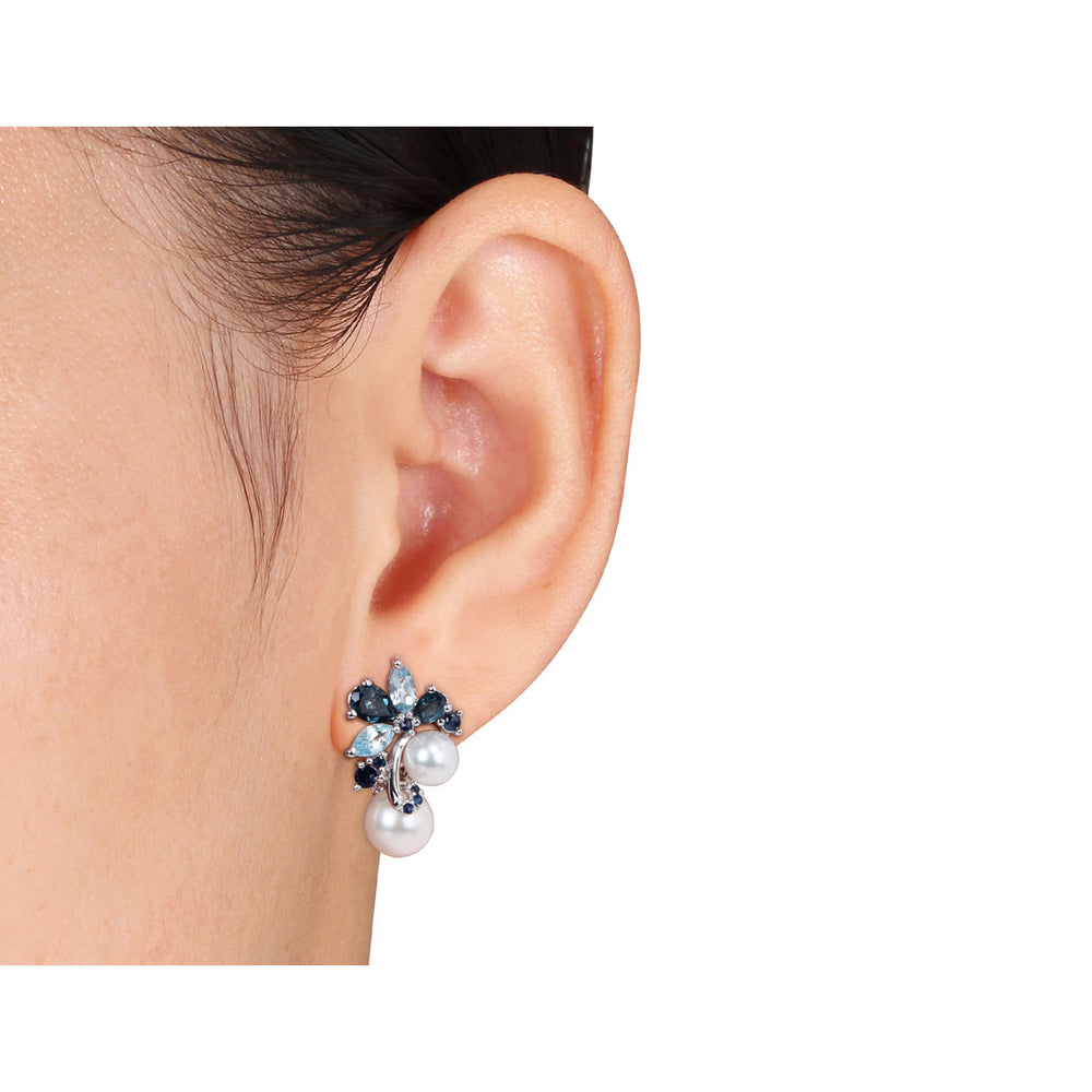 3.0 Carat (ctw) Freshwater Cultured PearlBlue Topaz and Sapphire Cluster Earrings Sterling Silver Image 2