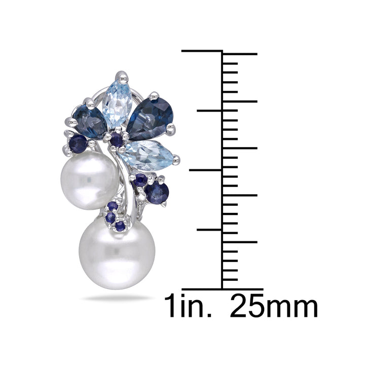 3.0 Carat (ctw) Freshwater Cultured PearlBlue Topaz and Sapphire Cluster Earrings Sterling Silver Image 3