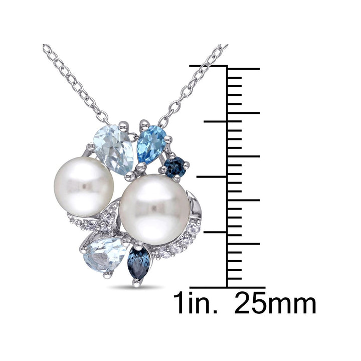 Freshwater Cultured PearlLondonSwiss and Sky Blue TopazCreated Synthetic White Sapphire Cluster Pendant Necklace Image 3