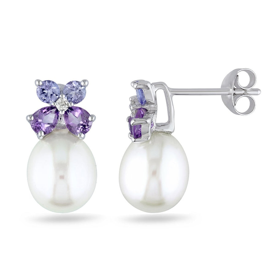 White Freshwater Cultured Pearl 8-8.5mm with Diamond Tanzanite and Amethyst Stud Earrings In Sterling Silver Image 1