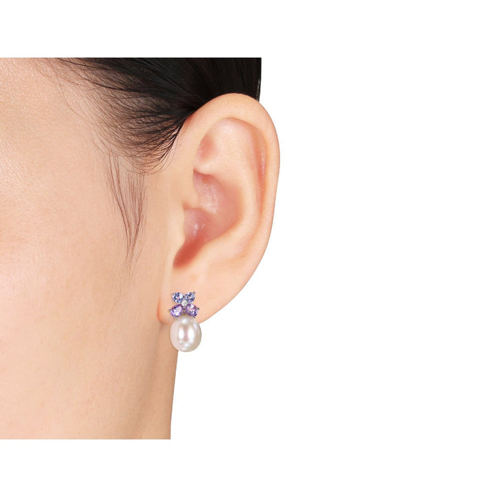 White Freshwater Cultured Pearl 8-8.5mm with Diamond Tanzanite and Amethyst Stud Earrings In Sterling Silver Image 2