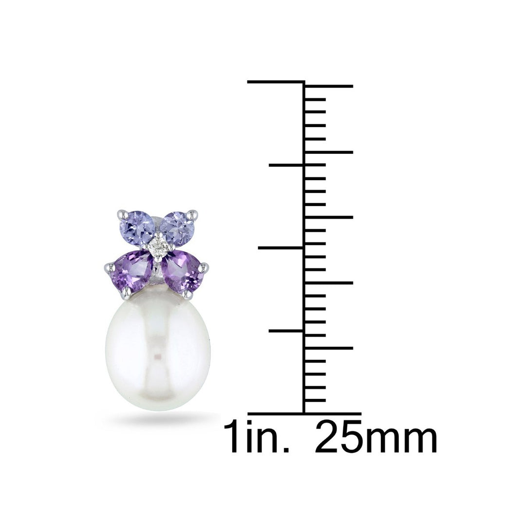 White Freshwater Cultured Pearl 8-8.5mm with Diamond Tanzanite and Amethyst Stud Earrings In Sterling Silver Image 3