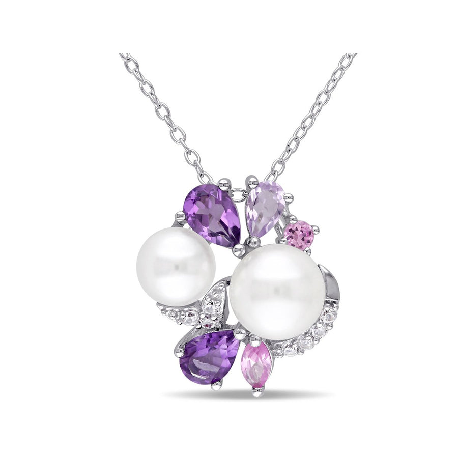 White Freshwater Cultured Pearl Amethyst Created Pink White Sapphire Cluster Pendant Necklace Sterling Silver Image 1