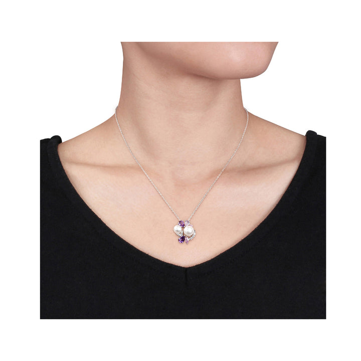 White Freshwater Cultured Pearl Amethyst Created Pink White Sapphire Cluster Pendant Necklace Sterling Silver Image 2