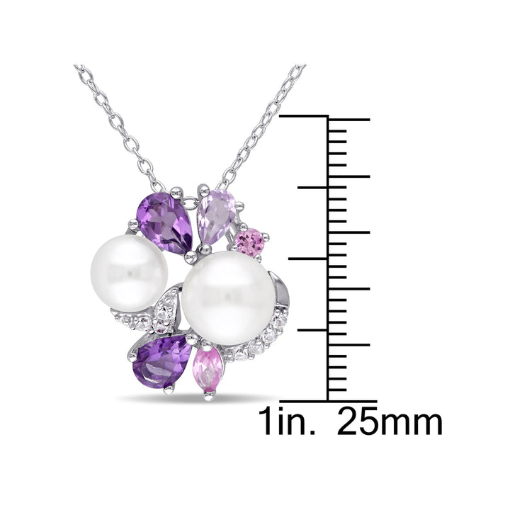 White Freshwater Cultured Pearl Amethyst Created Pink White Sapphire Cluster Pendant Necklace Sterling Silver Image 3