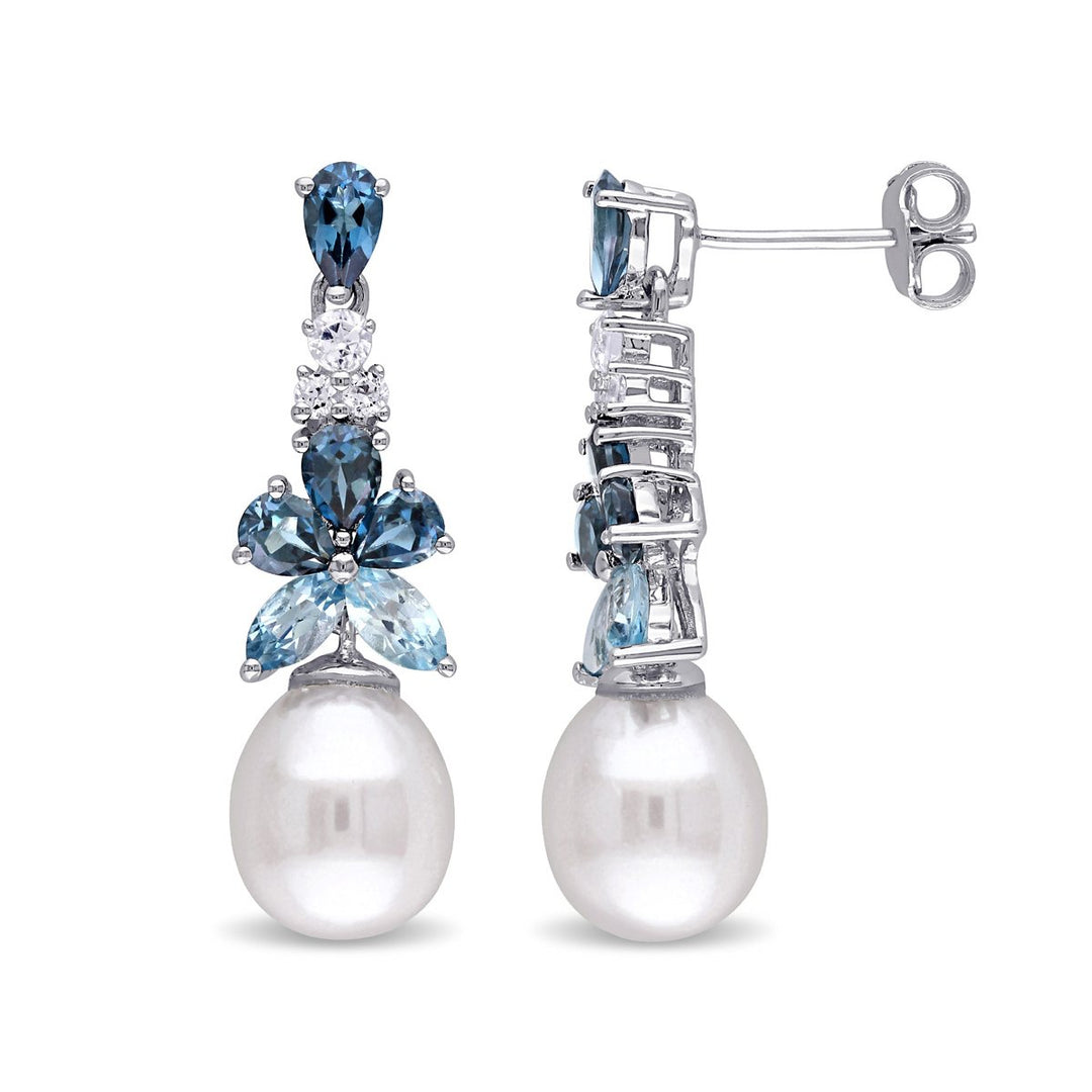 Freshwater Cultured Pearl 8.5-9 mm with Blue and White Topaz Drop Earrings In Sterling Silver Image 1