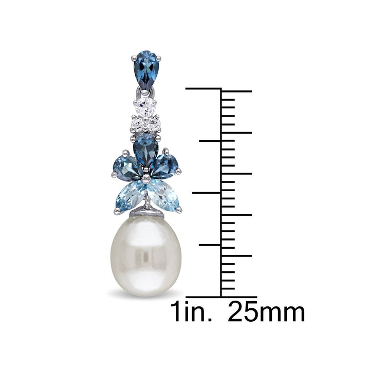 Freshwater Cultured Pearl 8.5-9 mm with Blue and White Topaz Drop Earrings In Sterling Silver Image 3