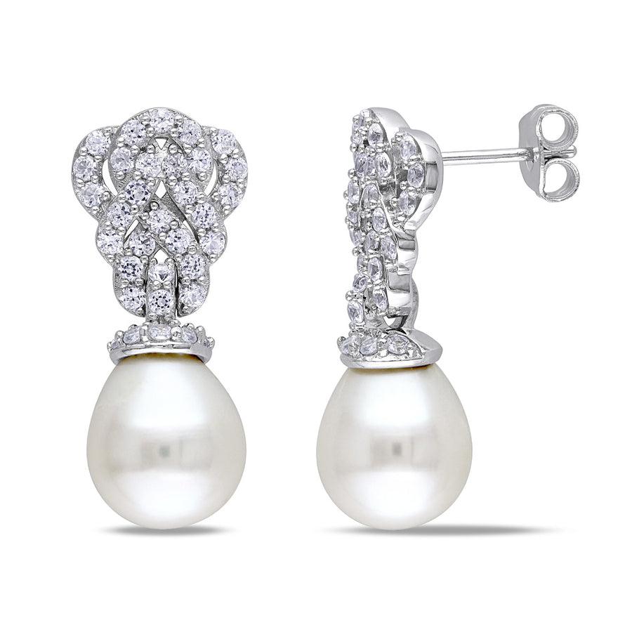 White Freshwater Cultured Pearl 9-9.5mm Earrings with Created White Sapphire In Sterling Silver Image 1