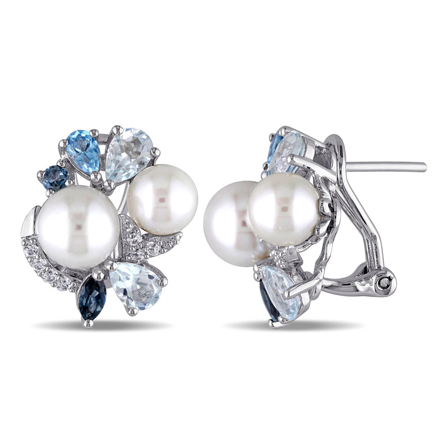 White Freshwater Cultured Pearl with Created White Sapphire Blue Topaz 3 1/2 Carat (ctw) cluster Earrings Sterling Image 1