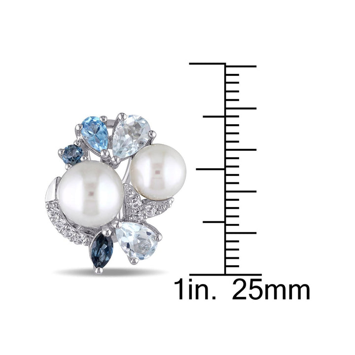 White Freshwater Cultured Pearl with Created White Sapphire Blue Topaz 3 1/2 Carat (ctw) cluster Earrings Sterling Image 3