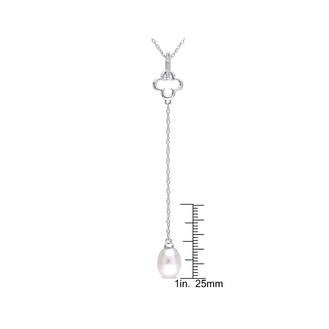 White Freshwater Cultured Pearl 8-8.5 mm and White Topaz Quatrefoil Drop Pendant in Sterling Silver with Chain Image 3