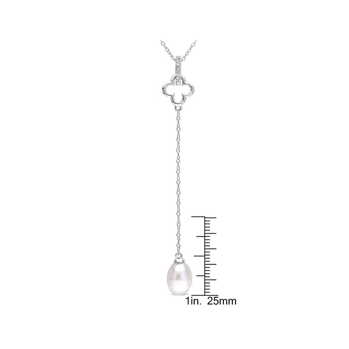 White Freshwater Cultured Pearl 8-8.5 mm and White Topaz Quatrefoil Drop Pendant in Sterling Silver with Chain Image 3