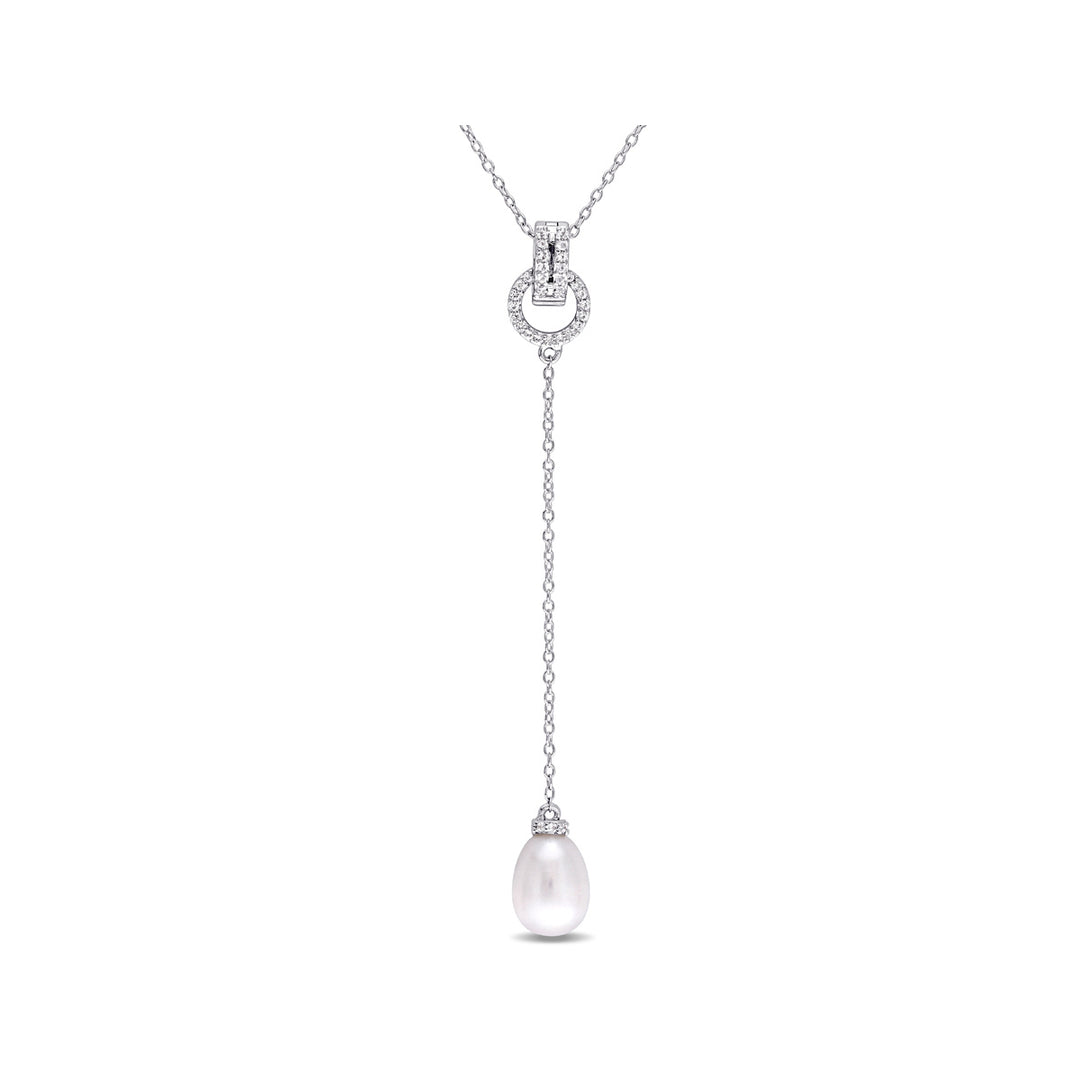 White Freshwater Cultured Pearl 8-8.5mm and White Topaz 1/5 Carat (ctw) Drop Pendant Necklace Sterling Silver Image 1