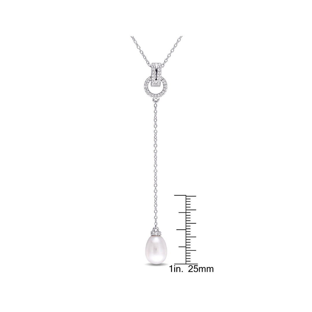 White Freshwater Cultured Pearl 8-8.5mm and White Topaz 1/5 Carat (ctw) Drop Pendant Necklace Sterling Silver Image 3