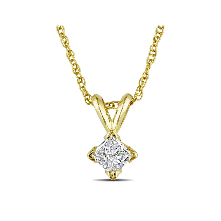 Princess Cut Diamond Solitaire Pendant 1/4 Carat (ctw I2-I3 I-J) in 14K Yellow Gold with Chain Image 1