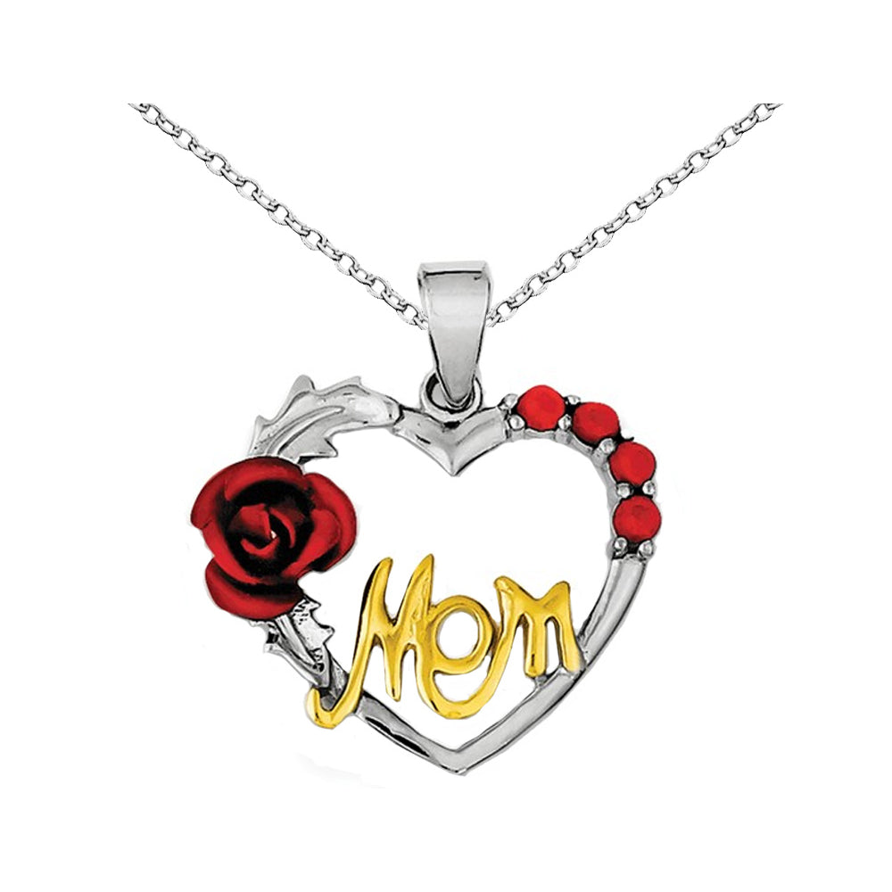 Vermeil Red Flower Heart Mom Pendant Necklace in Sterling Silver with Synthetic Cubic Zirconia (CZ) Image 1