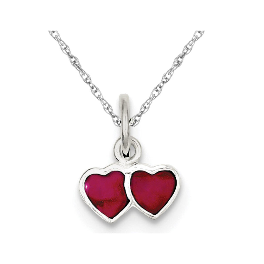 Pink Enameled Double Heart Charm Pendant Necklace in Sterling Silver Image 1