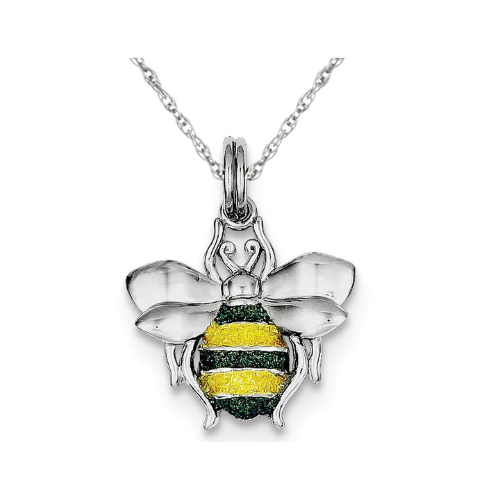 Green and Yellow Enamel Bee Charm Pendant Necklace in Sterling Silver Image 1