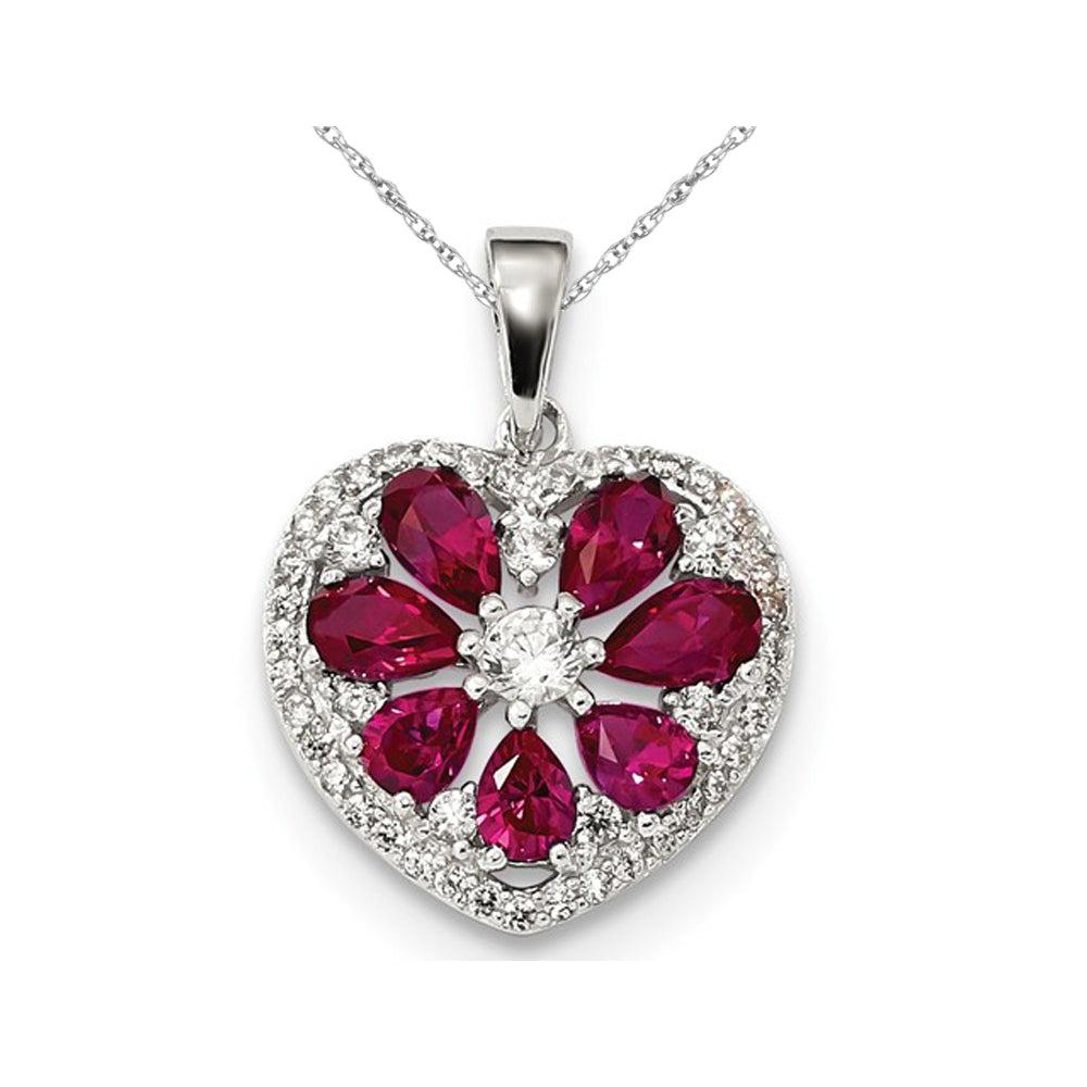 Lab Created Ruby and Synthetic CZ Heart Pendant Necklace in Sterling Silver with Chain Image 1