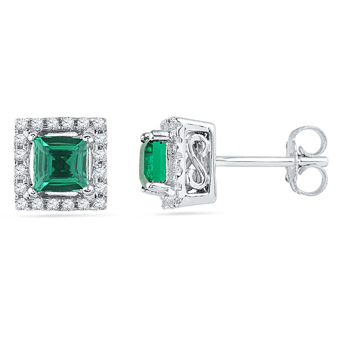 3/4 Carat (ctw) Lab-Created Emerald Earrings in 10K White Gold with Diamonds 1/8 Carat (ctw) Image 1