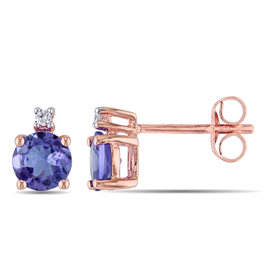 1.00 Carat (ctw) Solitaire Stud Tanzanite Earrings in 10K Rose Pink Gold with Accent Diamonds Image 1